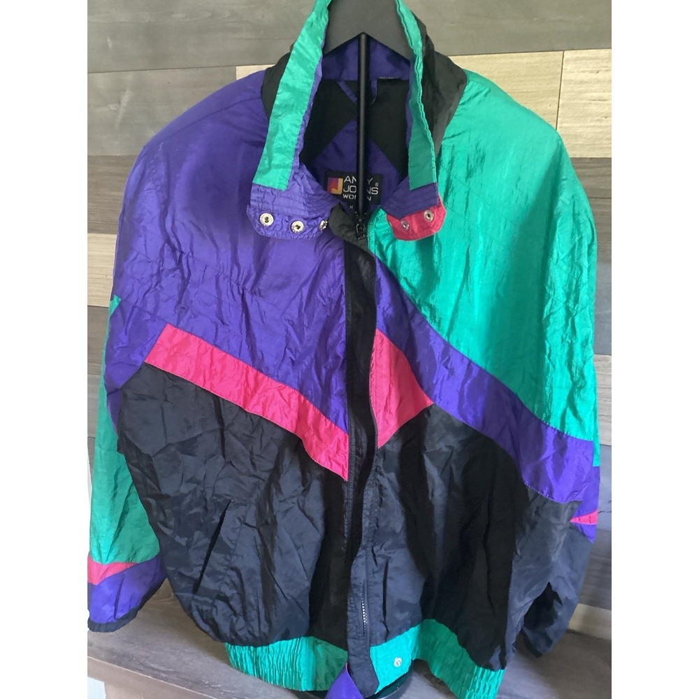 Vintage Andy Johns Jacket Womens Medium Black Purple Green Nylon Windbreaker 90s